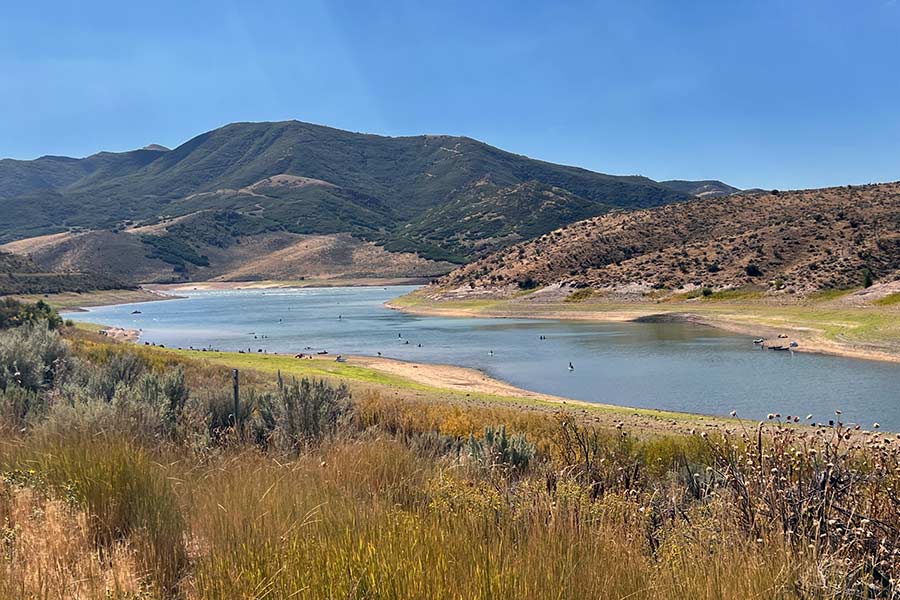Overlooking East Canyon Reservoir, with boaters and anglers in the water
