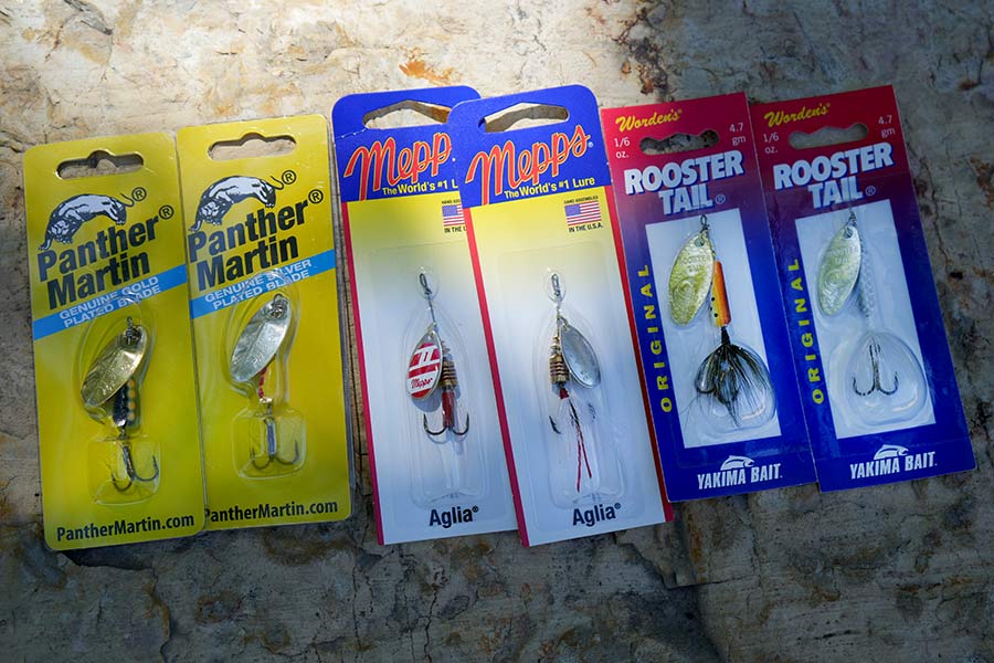 Packaged in-line spinners, including Panther Martin spinnerbaits, Mepps Aglia spinners and Yakima Rooster Tails