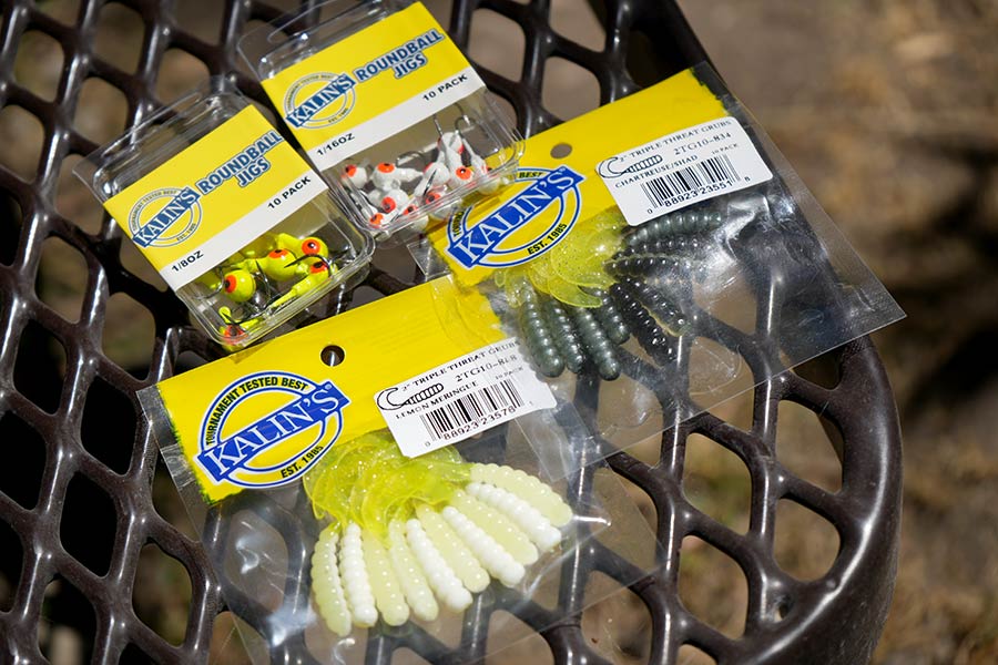 Packaged Kalin's brand curly tailed grubs and jigs