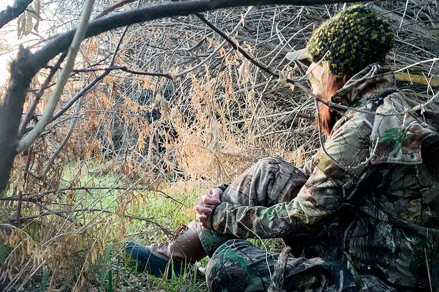 Woman turkey hunter dressed in camouflage, sitting in brush