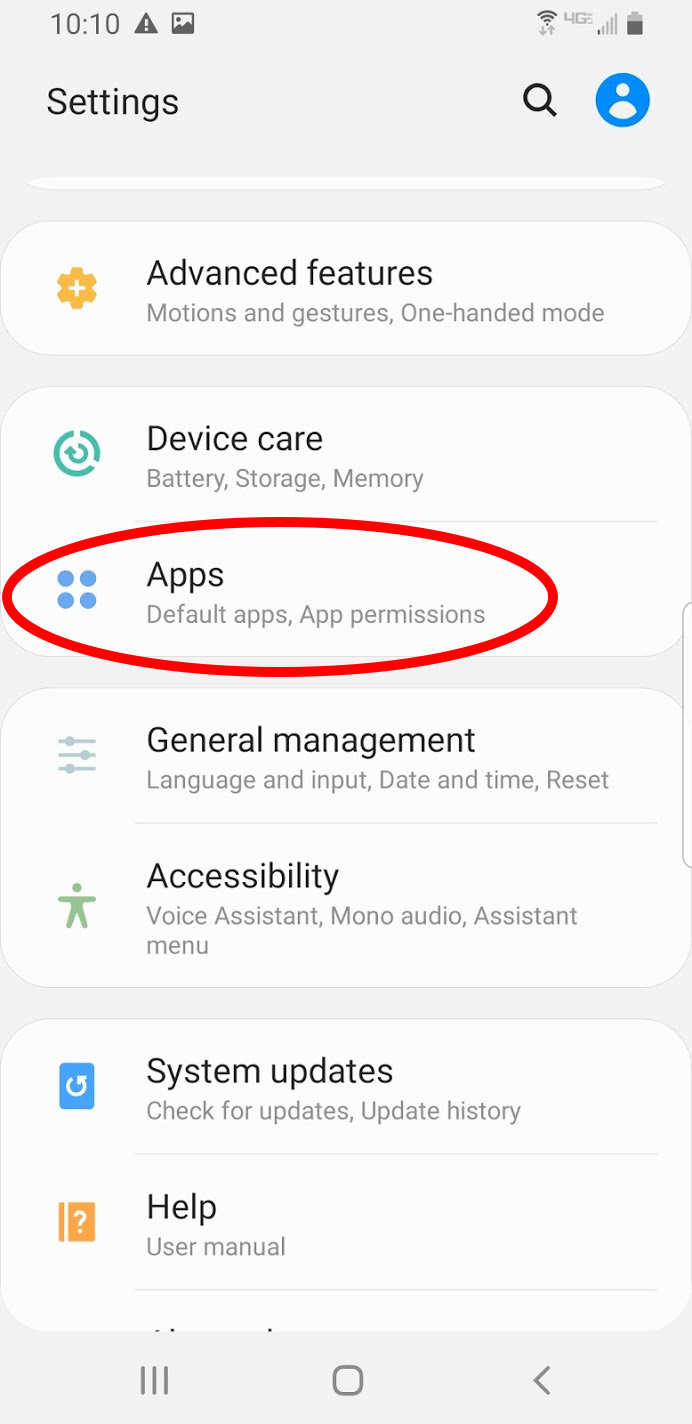 Android screen shot of Android settings menu.