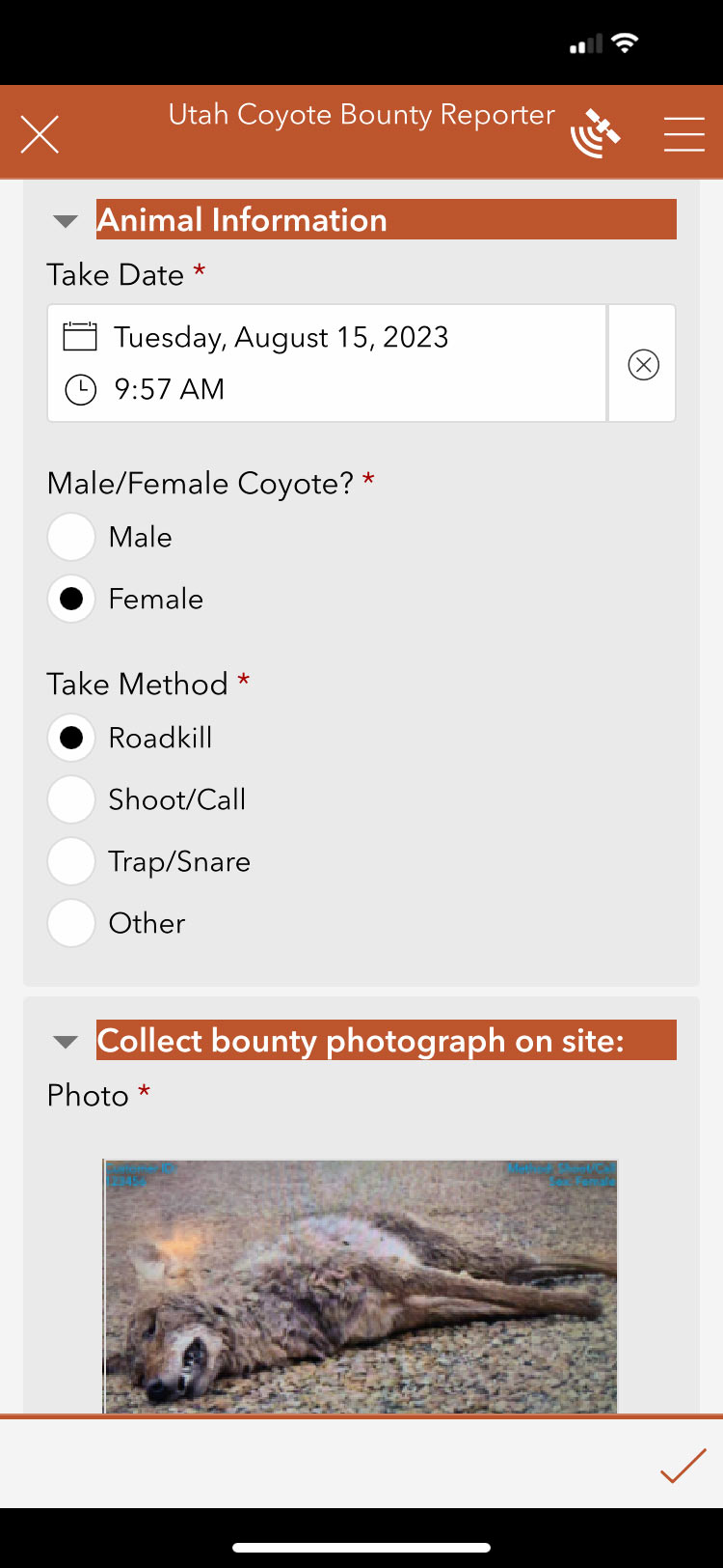 iOS screen shot of the Utah Coyote Bounty Reporter survey, coyote kill information