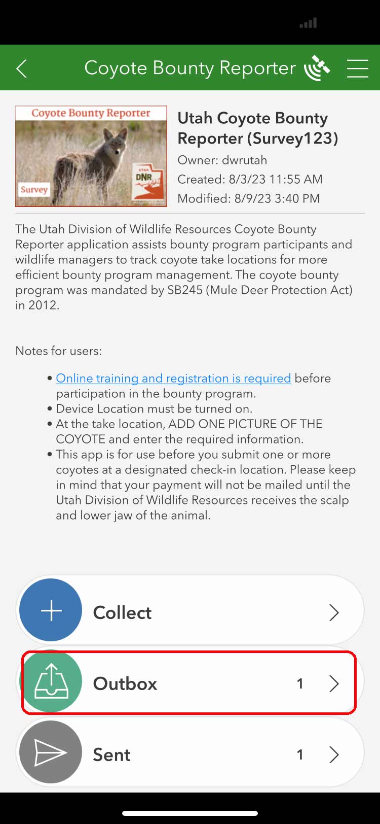 iOS screen shot of the Utah Coyote Bounty Reporter survey, outbox