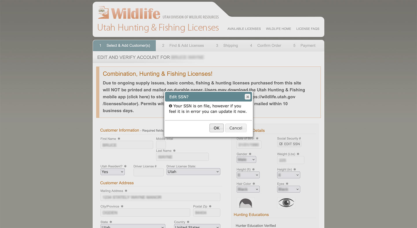 Screen shot of the Utah Hunting & Fishing Licenses website, showing the popup message to confirm changing your social security number
