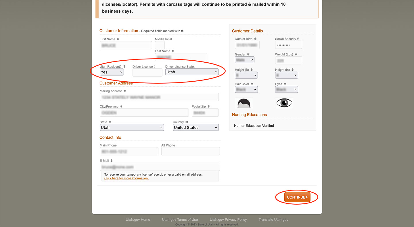 Screen shot of the Utah Hunting & Fishing Licenses website, showing the &quote;Customer Information&quote; page and &quote;Continue&quote; button