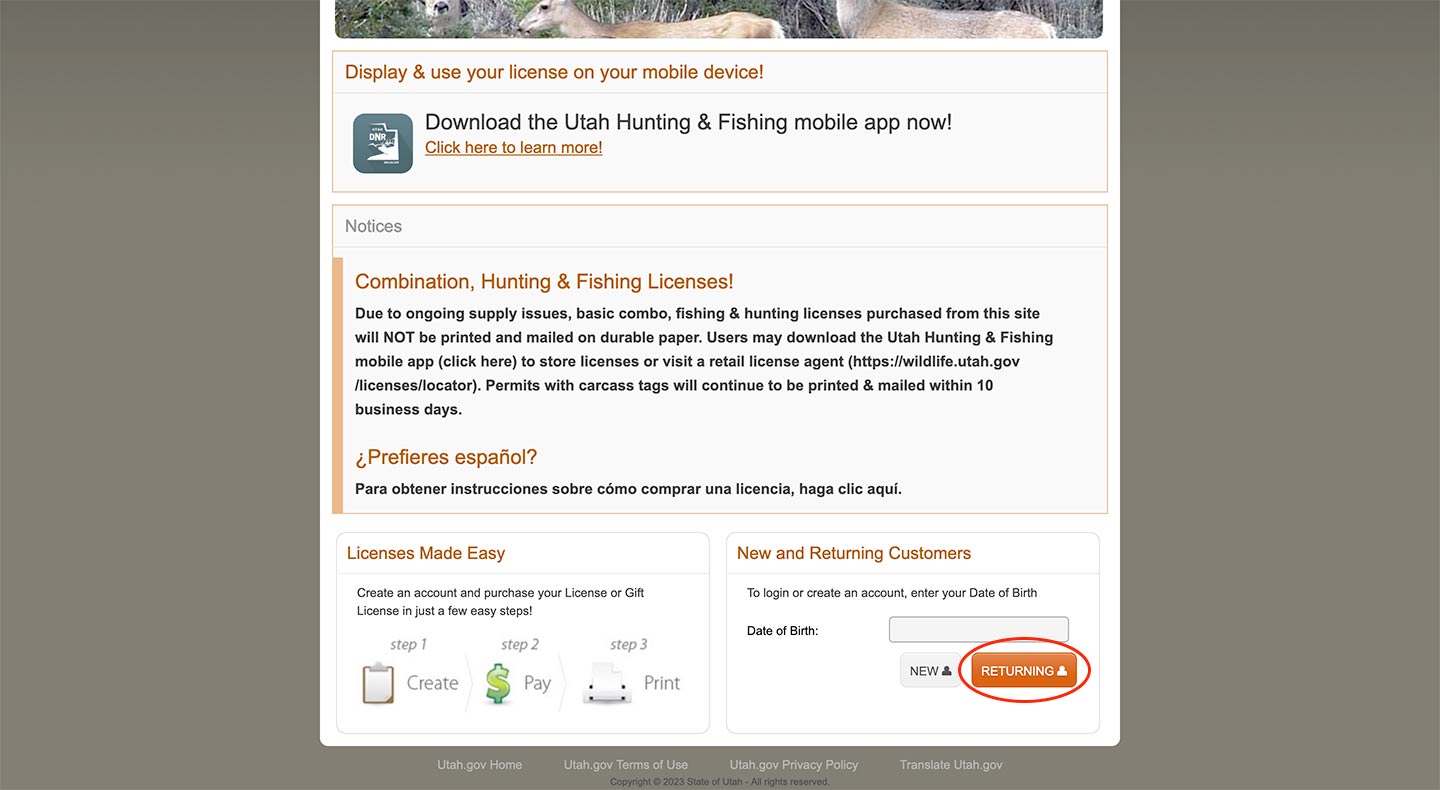 Screen shot of the Utah Hunting & Fishing Licenses website, showing the &quote;New and Returning Customers&quote; box