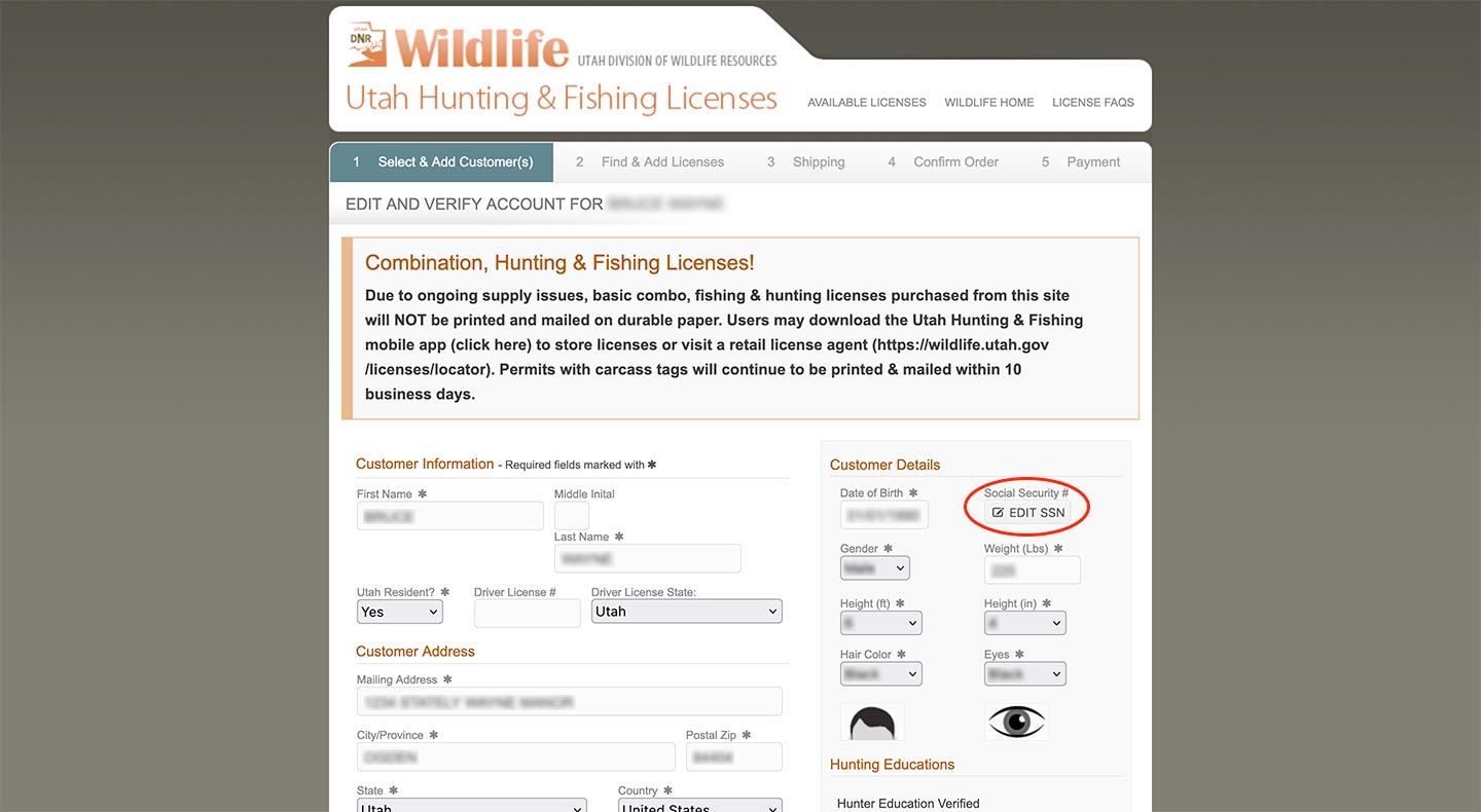 Screen shot of the Utah Hunting & Fishing Licenses website, showing the &quote;Customer Information&quote; page