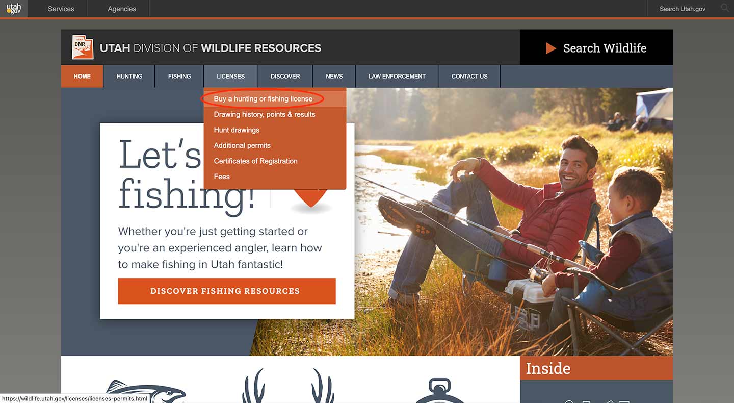Screen shot of the Utah Division of Wildlife Resources homepage, showing the &quote;Buy a hunting or fishing license&quote; menu option