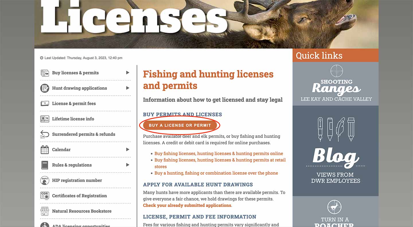 Screen shot of the Utah Division of Wildlife Resources licenses page, showing the &quote;Buy a license or permit&quote; button