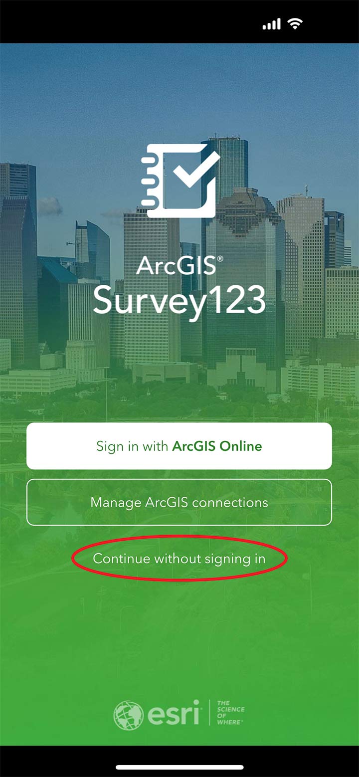 iOS screen shot of the ArcGIS Survey123 app, start screen