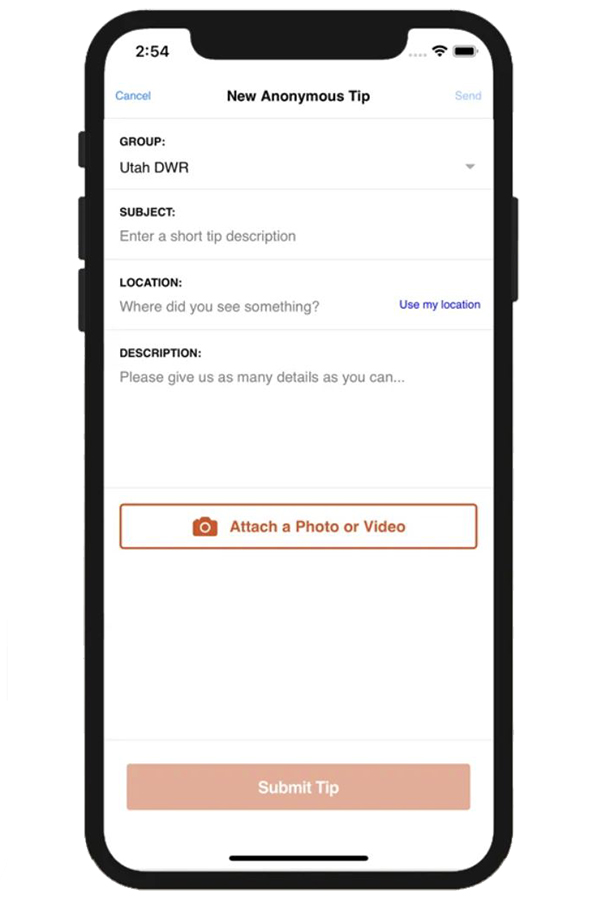 UTDWR mobile app screenshot, showing anonymous tip entry screen
