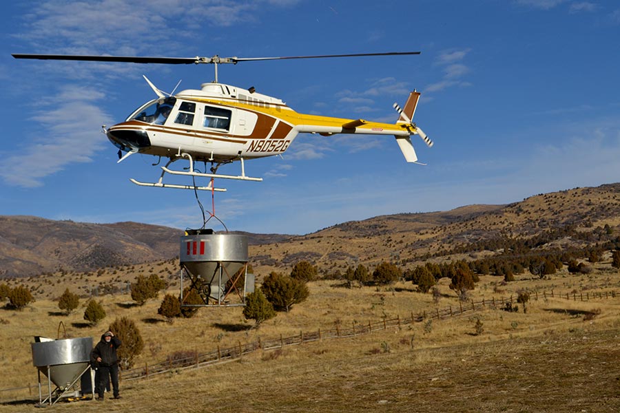 Helicopter in flight preparing to reseed the scorched ground after the Tank Hollow Fire in 2017